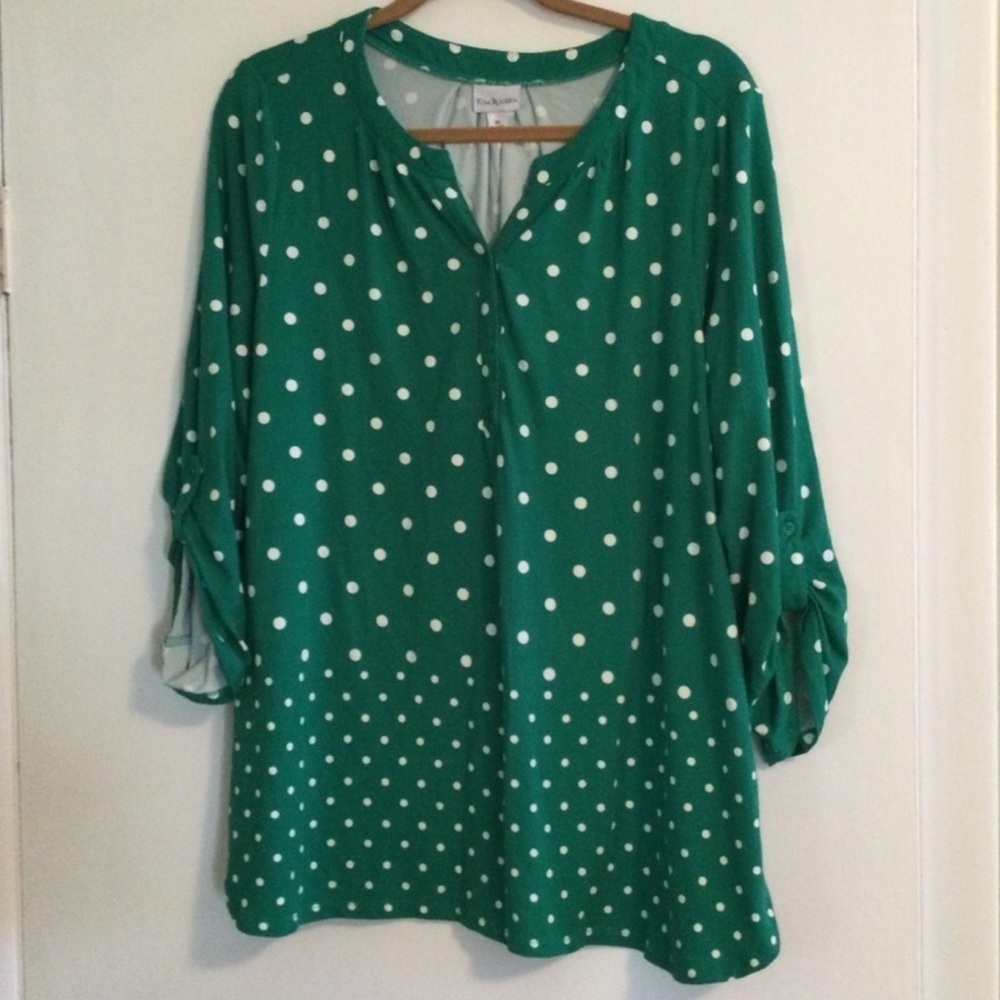 Kim Rogers Green White Polka Dot Top Size XL